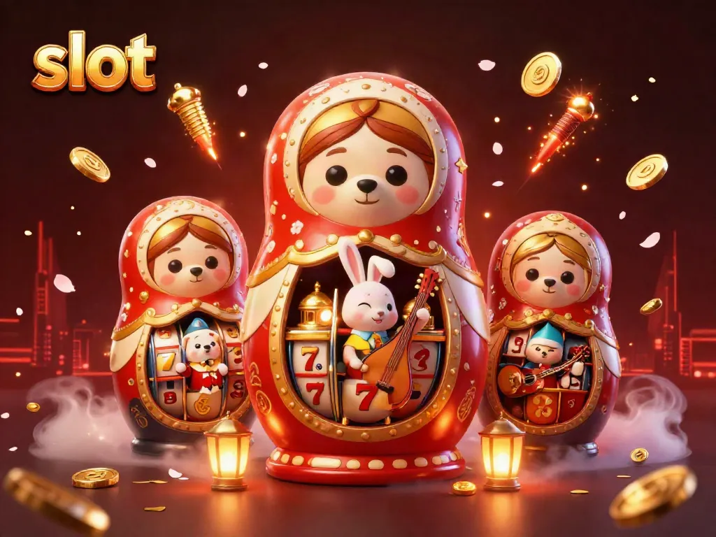 Catch glowing slot excitement with a dancing Matryoshka bear and charming casino scene elements.