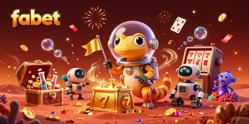Experience fabet's vibrant casino atmosphere with a Martian gecko discovering treasures.
