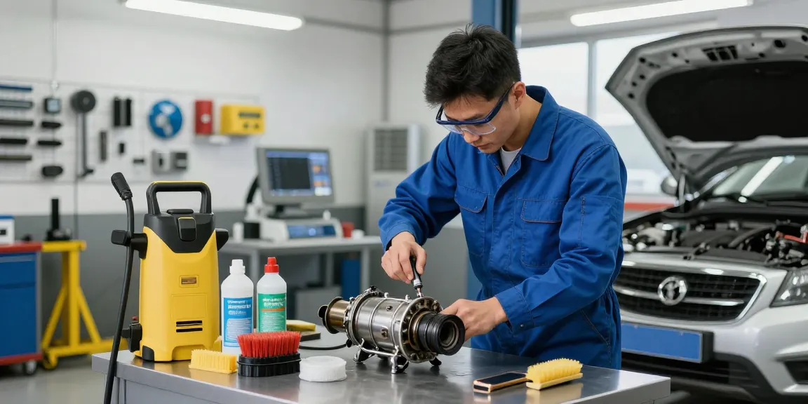 DPF Reinigung Hannover in einer professionellen Werkstatt mit Mechaniker, der DPF reinigt.