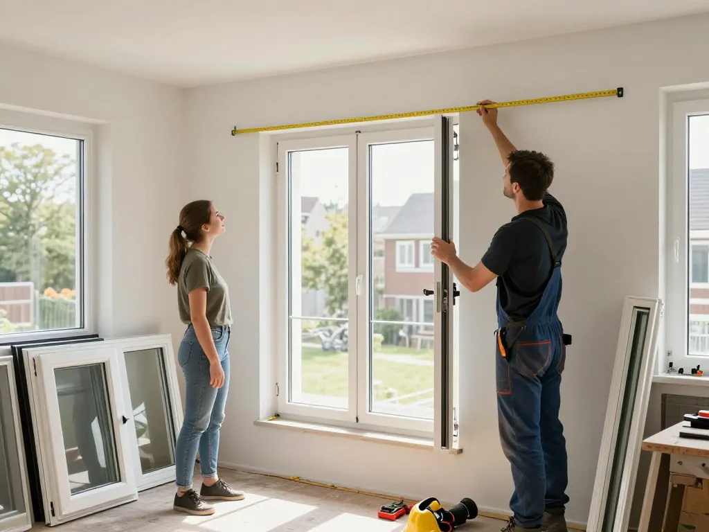 Experten Fensterbau Düsseldorf Installateur misst hochwertige Fenster in einem modernen Wohnumfeld.
