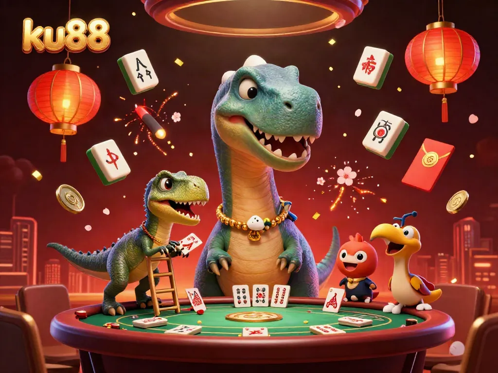 Experience the thrill at ku88 with a lively brontosaurus and raptor in a vibrant casino scene.