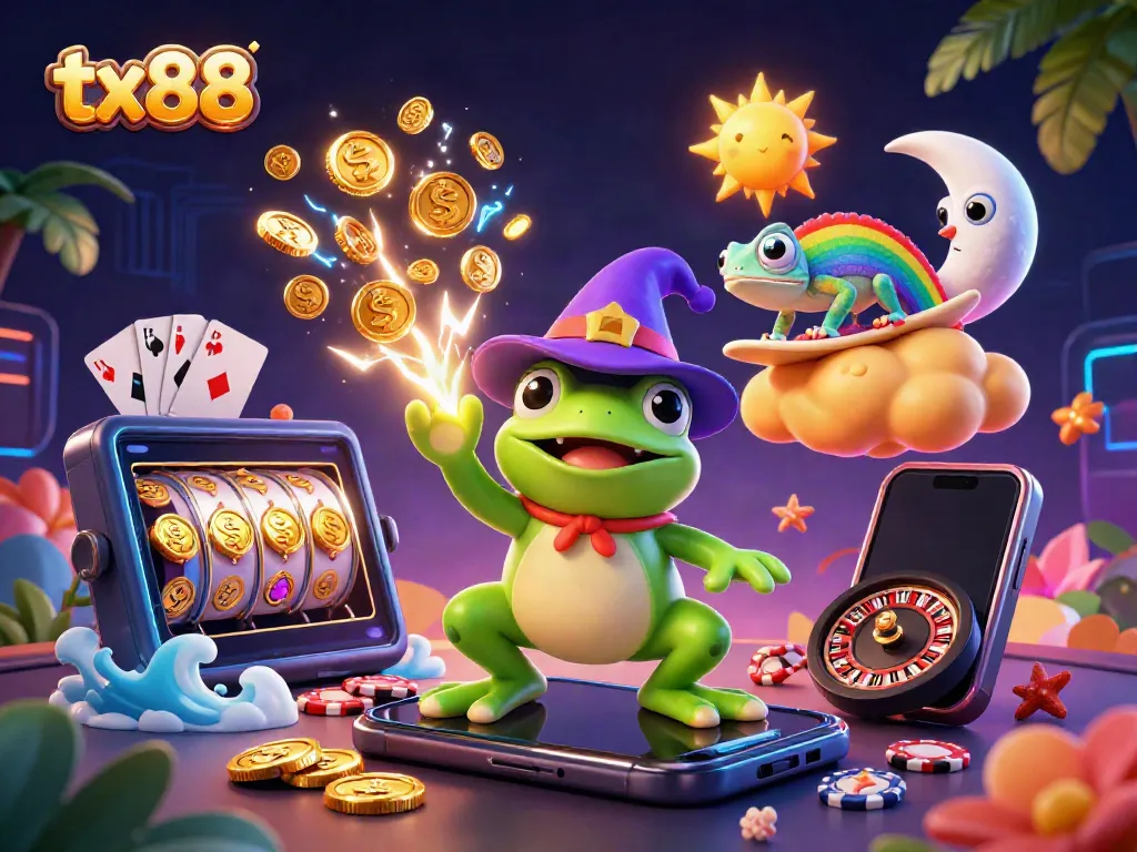 Experience the excitement of tx88 with a 3D illustration featuring a wizard frog, chameleon, and vibrant casino elements.