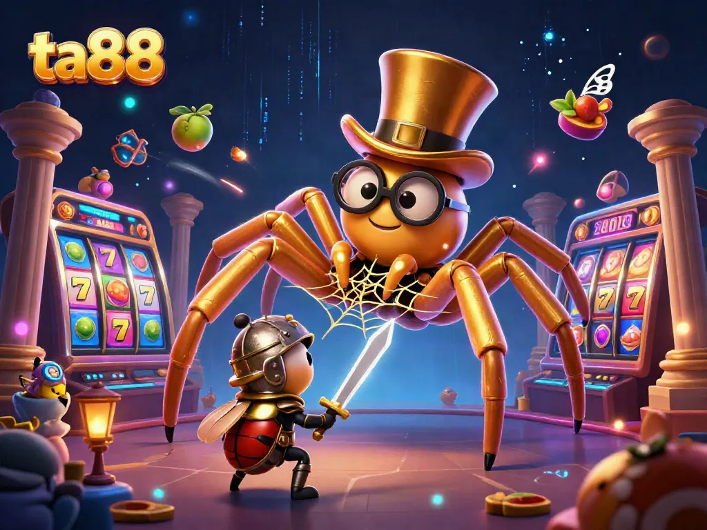 Engage with thrilling ta88 experiences as a golden spider spins jackpot webs in a casino.