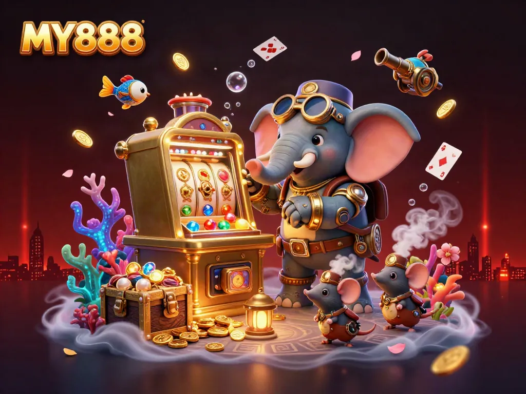 Engage with MY888's vibrant gambling world featuring a steampunk elephant and exciting slot machine action.