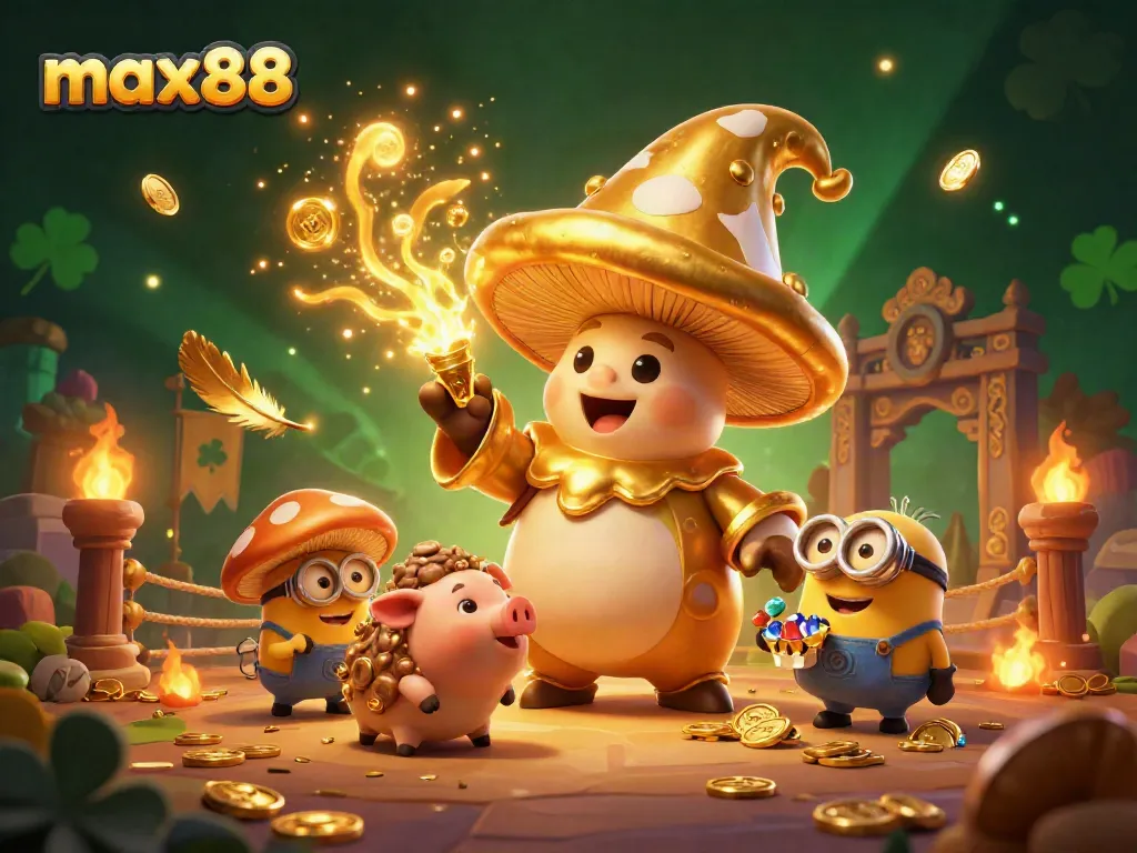 Max88's magical 3D casino scene with a golden mushroom wizard, treasure pig, and vibrant elements.