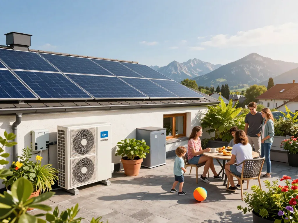 Photovoltaik Bayern Installation auf einem Dach mit einer Familie, die das grüne Leben genießt.