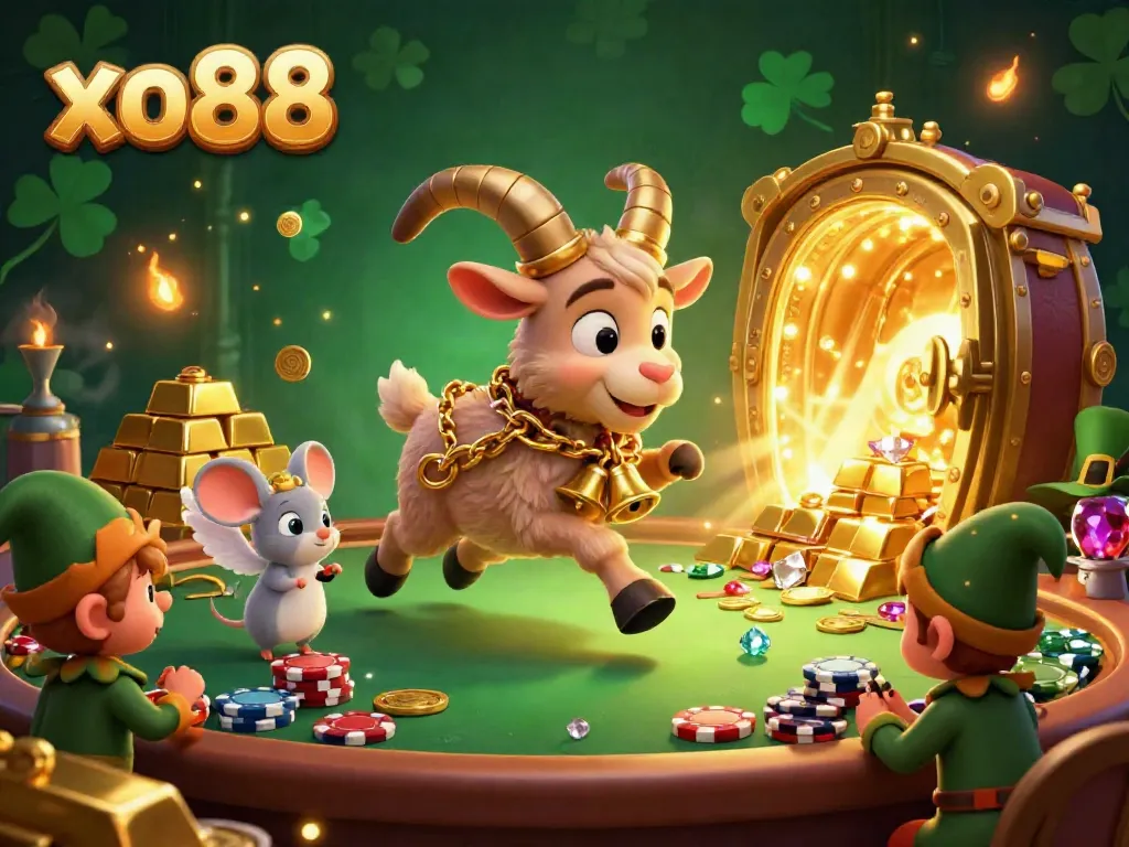 Experience the thrill of gaming at xo88, featuring a festive casino scene with Krampus and playful gremlins.