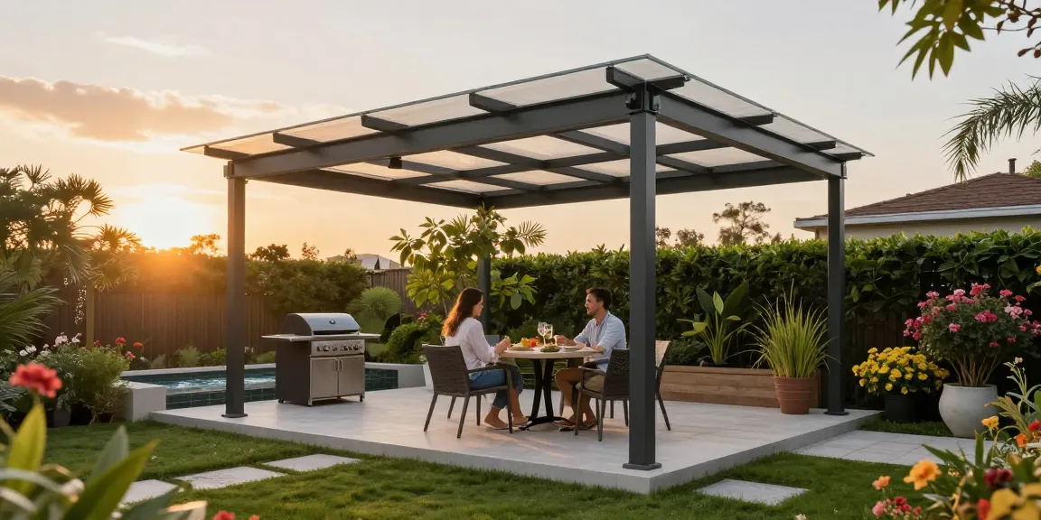 Moderne freistehende Terrassenüberdachung in einer gemütlichen Gartenatmosphäre.