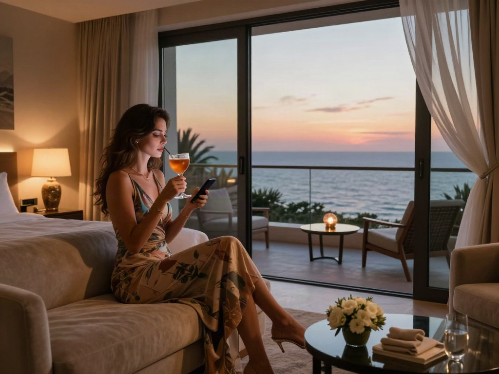 Antalya Merkez Escort in a luxurious hotel suite enjoying a sunset view with a cocktail.