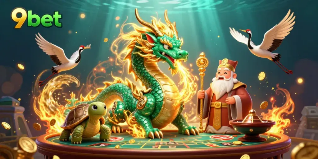 Experience thrilling action with 9bet's dynamic casino scene featuring a dragon and lucky symbols.