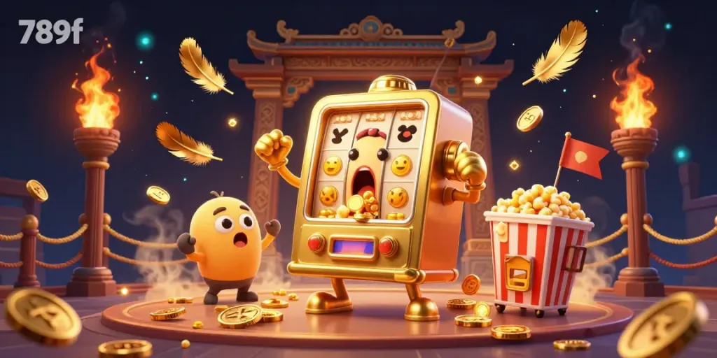 Engage with 789f at the golden slot machine's jackpot celebration, surrounded by cheering machines and vibrant effects.