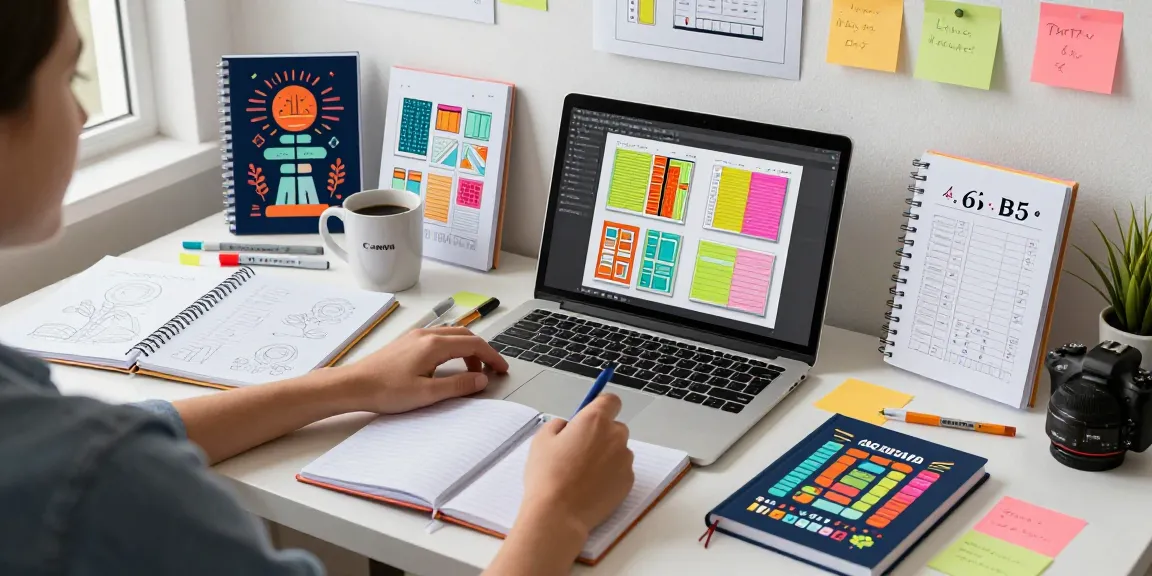 Person designing custom printed notebooks in a vibrant workspace with colorful layouts and art supplies.