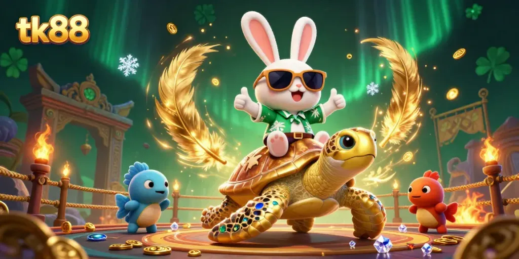 Join the adventure at tk88 with a lucky rabbit and a golden turtle in a vibrant casino scene!