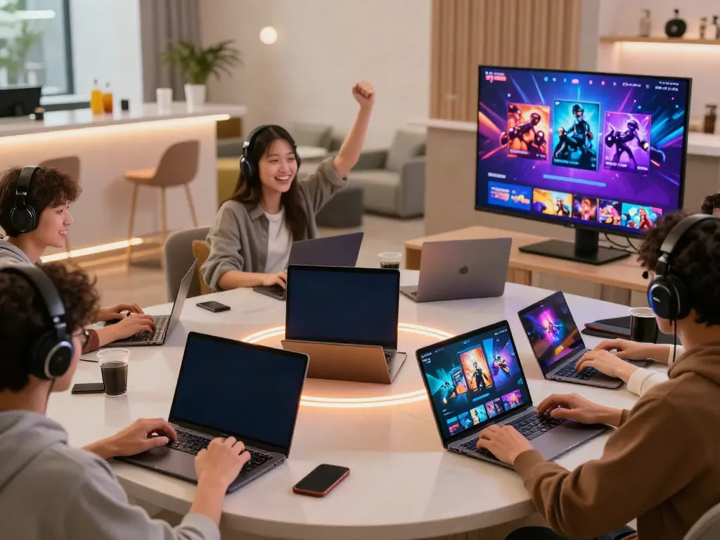 Experience vibrant online gaming community at https://gem88.bz/ with players enjoying exciting games together in a modern lounge.