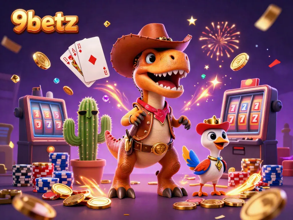 Experience exciting gaming moments with 9betz alongside our adorable cowboy dinosaur and friends!