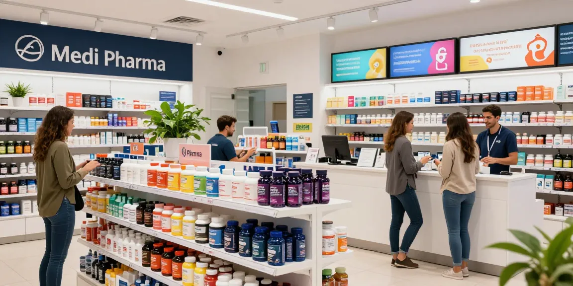 Medi Pharma Shop mit einer Vielzahl von Wellness-Produkten in einer lebhaften Einkaufsumgebung.