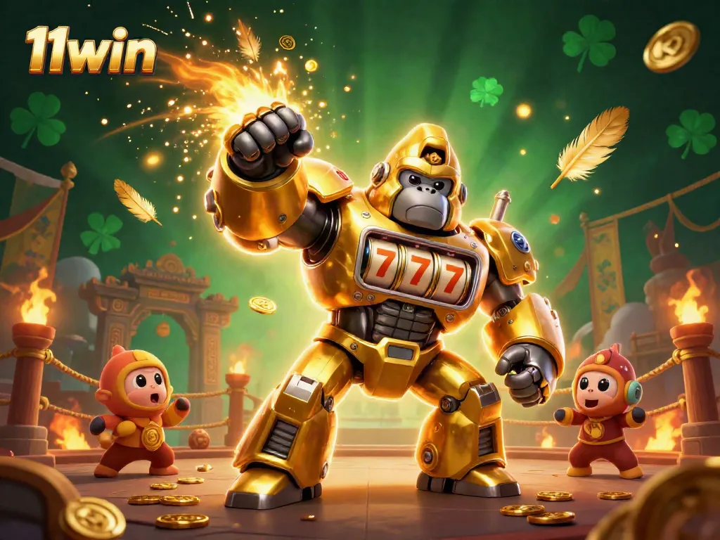 Engage in thrilling wins at 11win with a transformer gorilla mech showcasing vibrant slot machine elements.