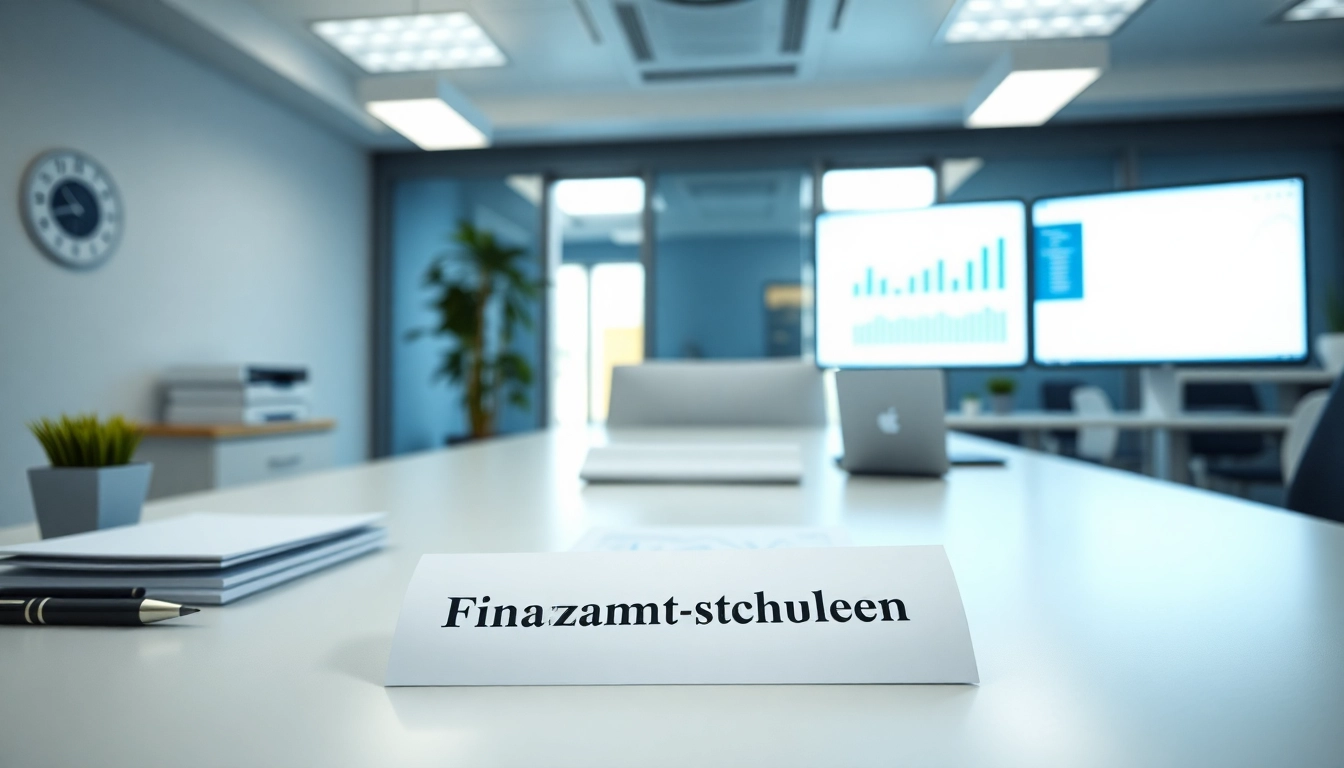 Finanzamt Schulden relevante Dokumente auf einem aufgeräumten Schreibtisch in einem modernen Büro.