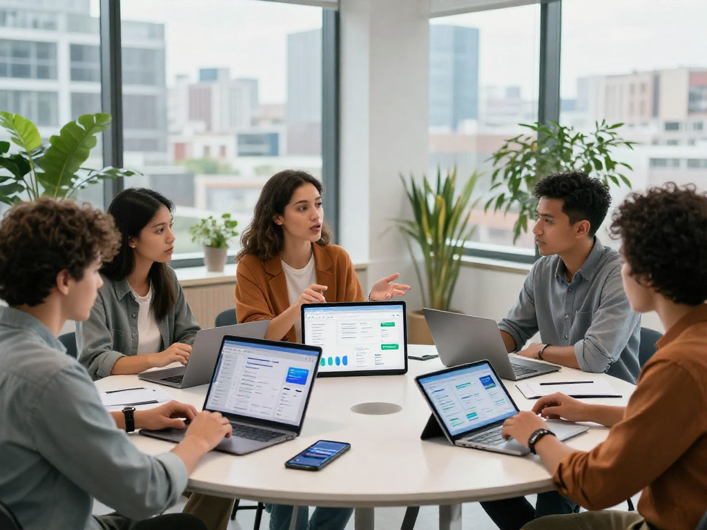 Team collaboration on digital finance solutions at a modern workspace for debet.