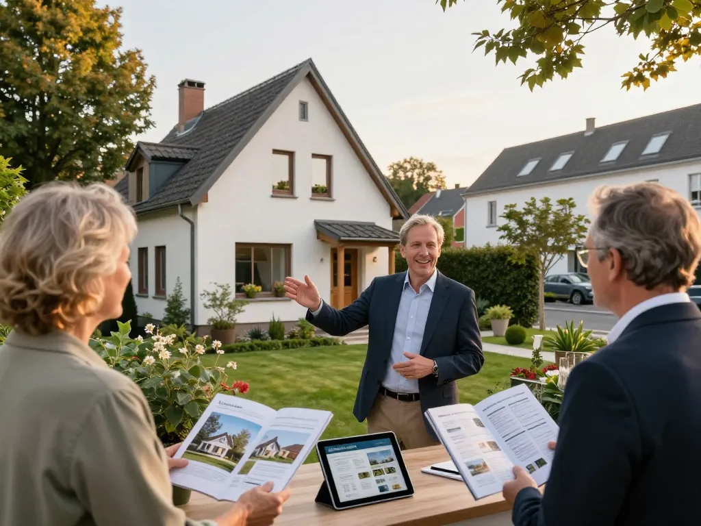 Immobilienmakler Frankfurt Eckenheim, der ein charmantes Familienhaus präsentiert und Kunden in einem Wohnumfeld anspricht.