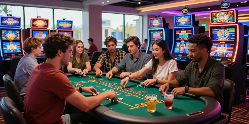 Players enjoying exhilarating games at the fc88 online casino, showcasing vibrant lights and an engaging atmosphere.