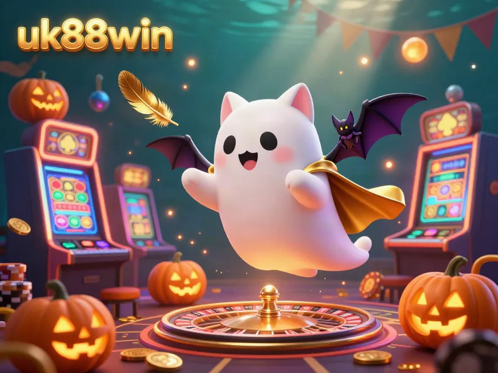 Experience the vibrant world of uk88win, where a friendly ghost cat and a bat enjoy the thrilling casino atmosphere.