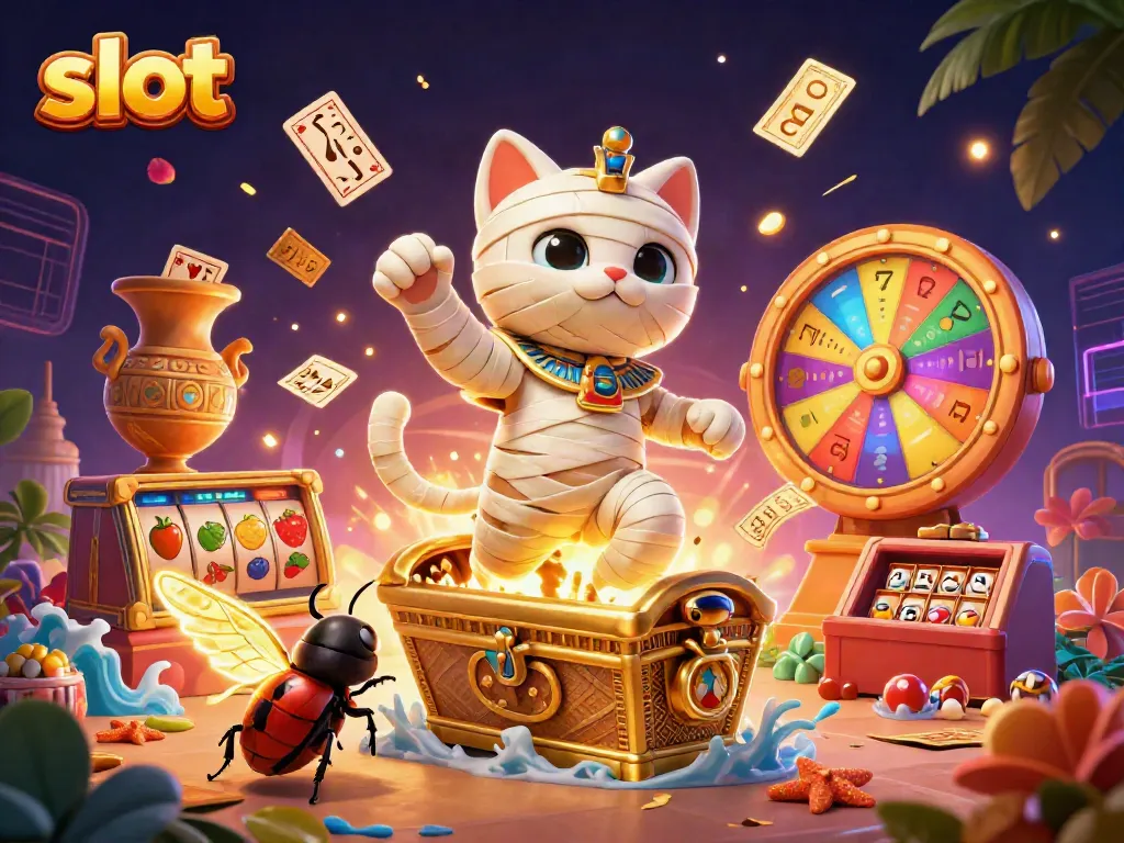Play exciting slot games with a cartoon mummy and glowing scarab in a vibrant casino