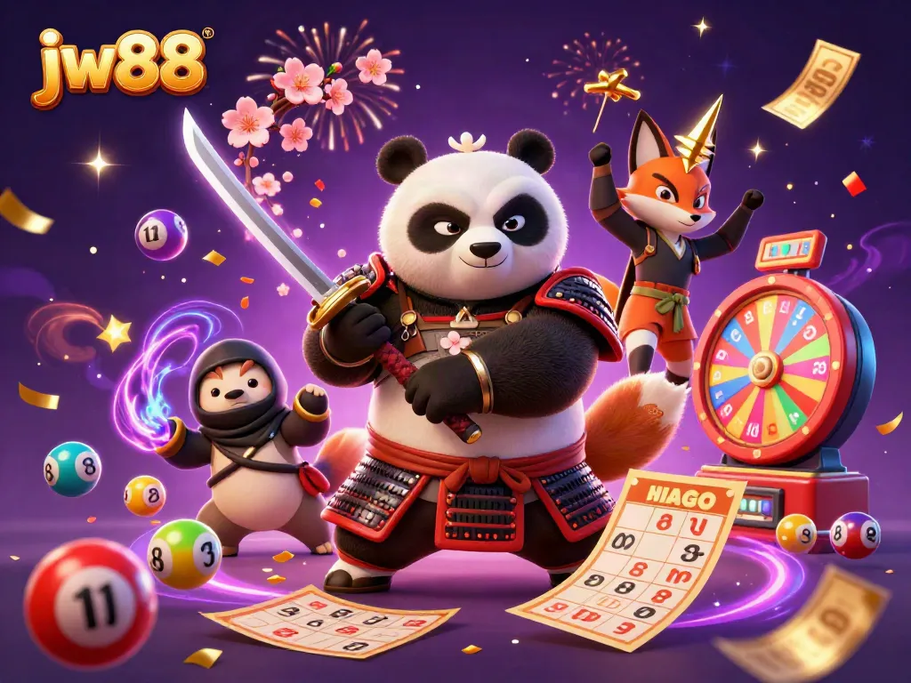 Engage in thrilling gameplay with JW88, featuring a dynamic scene of samurai pandas and ninja foxes amidst vibrant lottery elements.