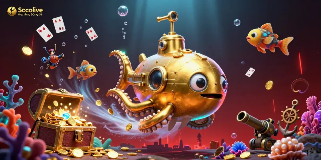 Socolive trực tiếp bóng đá showcases a vivid underwater casino scene with a golden kraken submarine and mechanical fish among treasure chests and glowing coral.