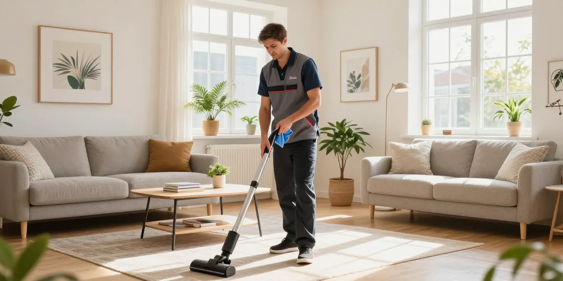 Expert cleaner demonstrating wohnungsreinigung bern in a stylish living room.