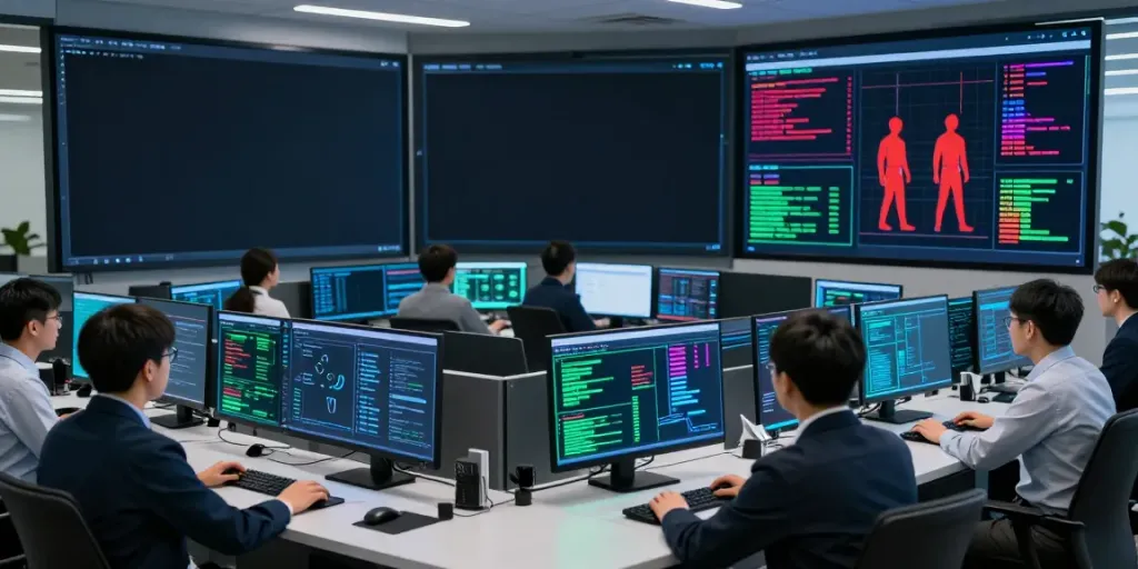 Red team testing in a modern cybersecurity operations center with real-time simulations.