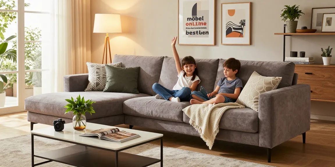 Moderne Wohnzimmer-Szene mit stilvollen Möbeln für Möbel Online Bestellen, während die Familie einen gemütlichen Abend genießt.