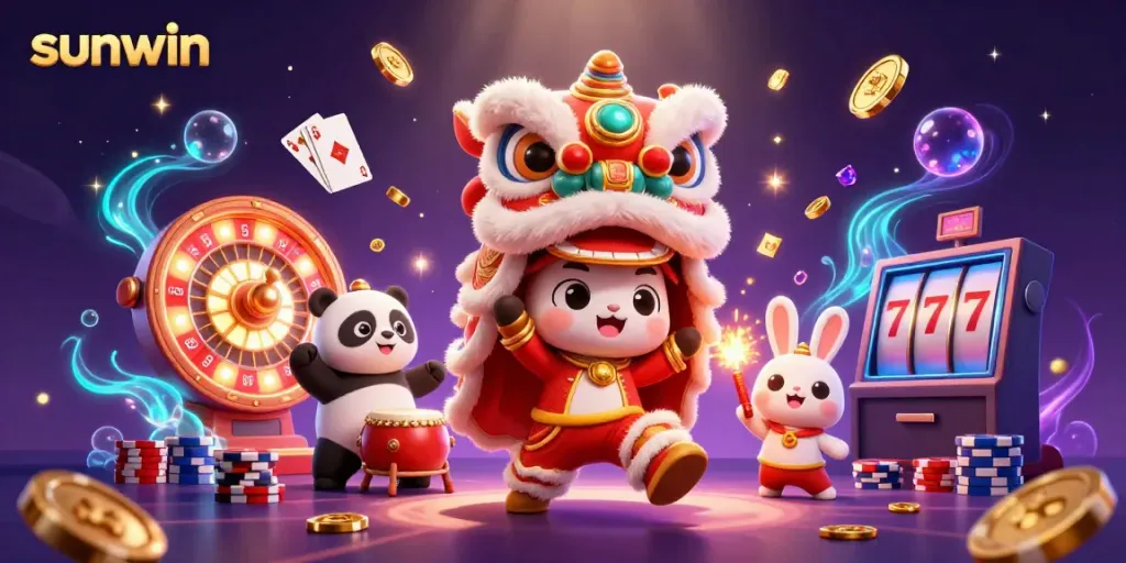 Experience thrilling gameplay with Sunwin's exciting casino world, showcasing dynamic characters, festive celebrations, and captivating game elements.