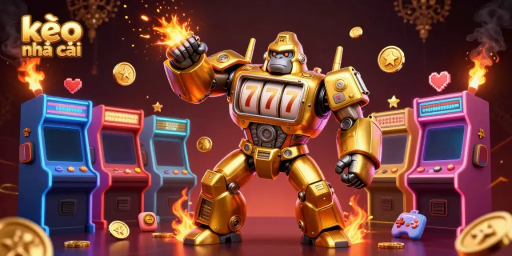 Engage with the thrilling world of kèo nhà cái as golden gorilla mech bursts with coins amidst vibrant gaming elements.