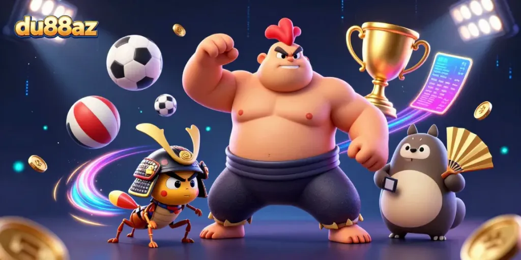 Engage in thrilling gameplay with du88az, where a powerful sumo wrestler rooster and fierce samurai cricket spotlight dynamic action.