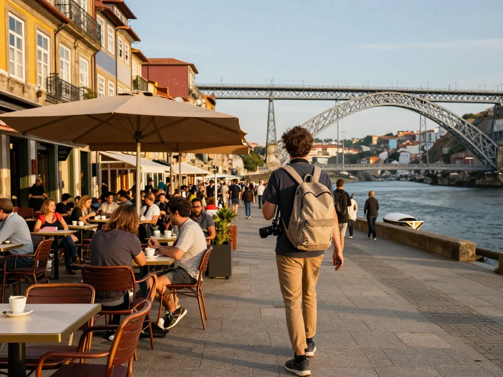 Reisetipps Porto - Reisender genießt die pulsierenden Straßen von Porto mit ikonischer Architektur und lebhafter Atmosphäre.