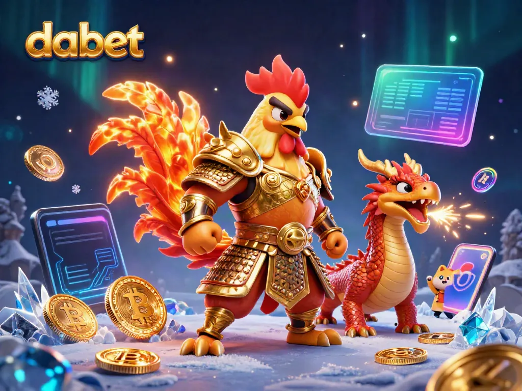 Dabet's dynamic gaming scene showcases a vibrant rooster warrior, dragon, and fortune cat amidst crypto elements.