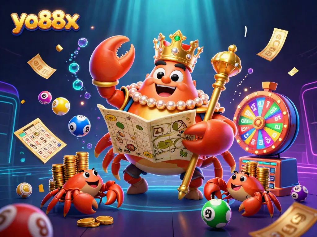 Engage with yo88x in a thrilling casino scene featuring a golden crab emperor amidst dynamic game elements.