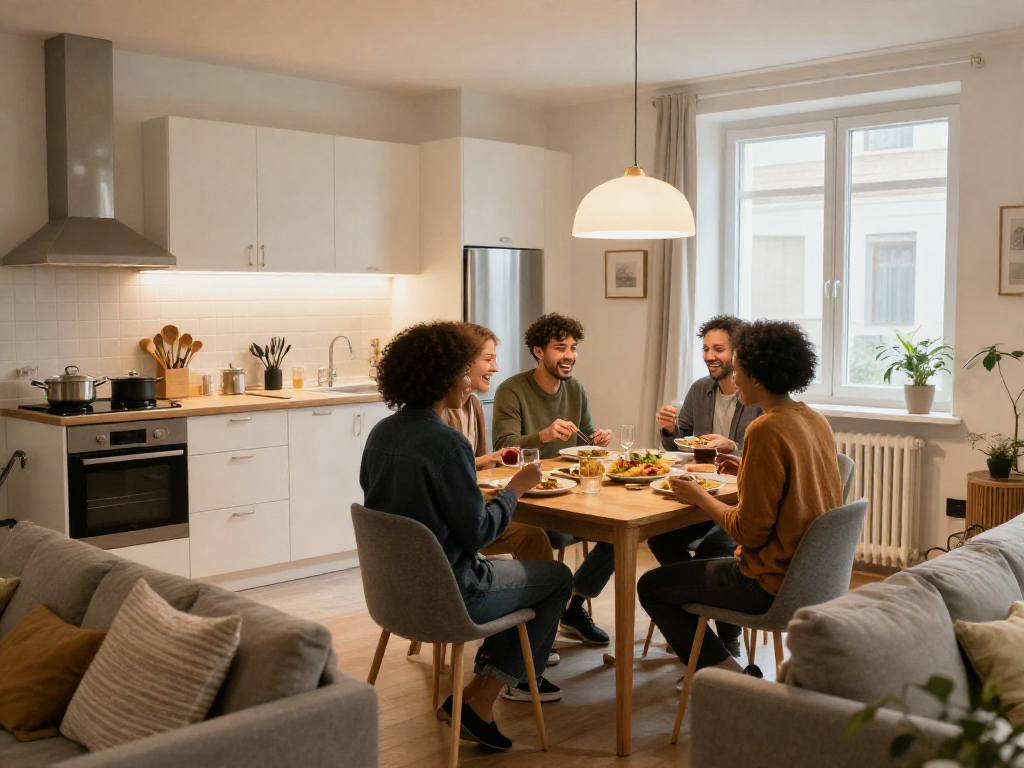 Moderne Monteurzimmer in Hannover mit voll ausgestatteter Küche und einladendem Wohnraum für Reisende.