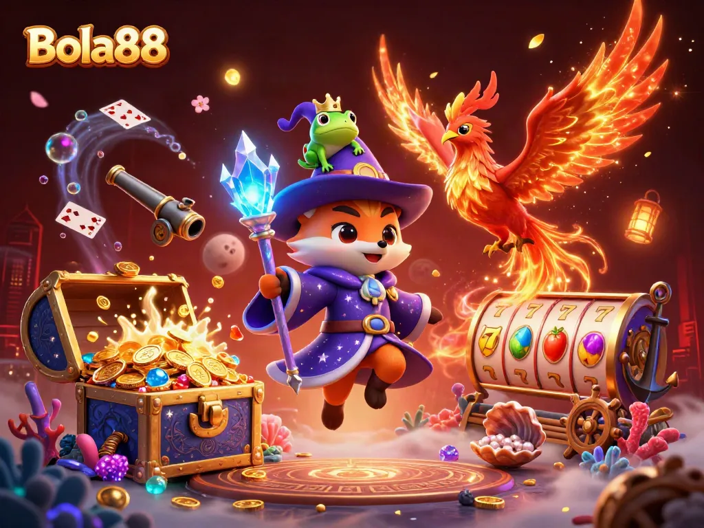 Bola88 brings excitement with a mystical wizard and phoenix amidst a treasure-filled casino adventure!