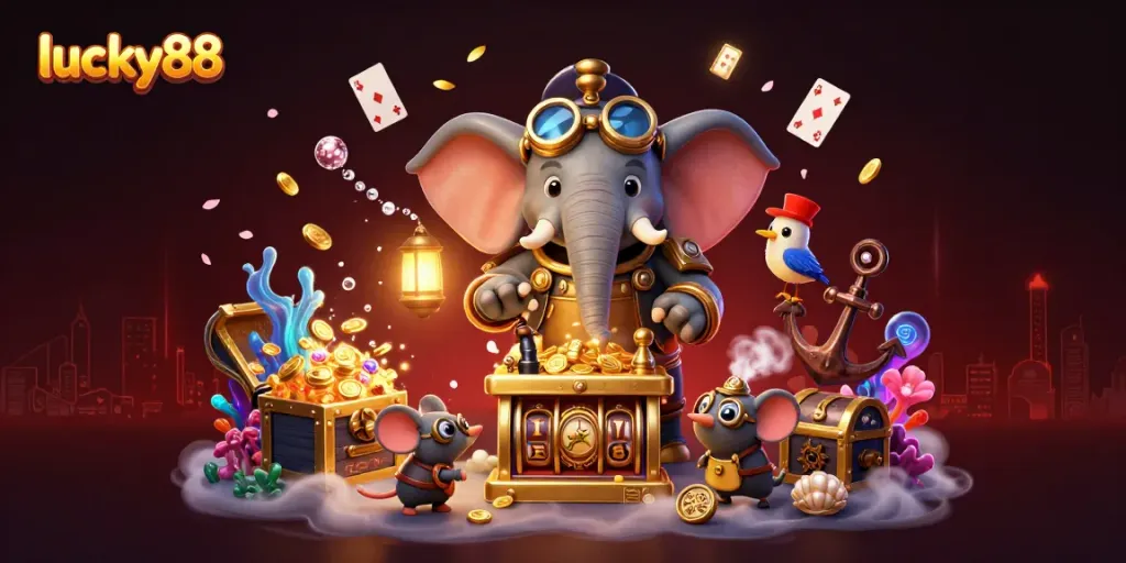 Experience lively gameplay at lucky88 with cartoon characters, vibrant casino elements, and rich illustrations.