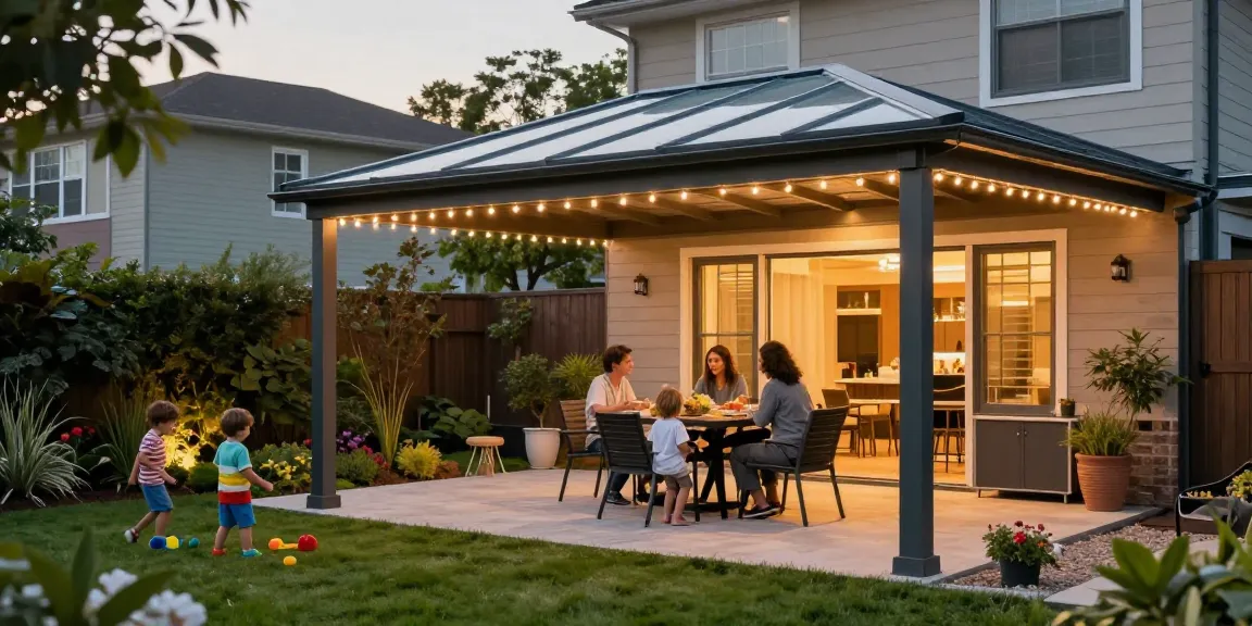 Elegante Terrassenüberdachungen aus Aluminium, Familienzeit im Garten mit gedecktem Tisch und Spielen.