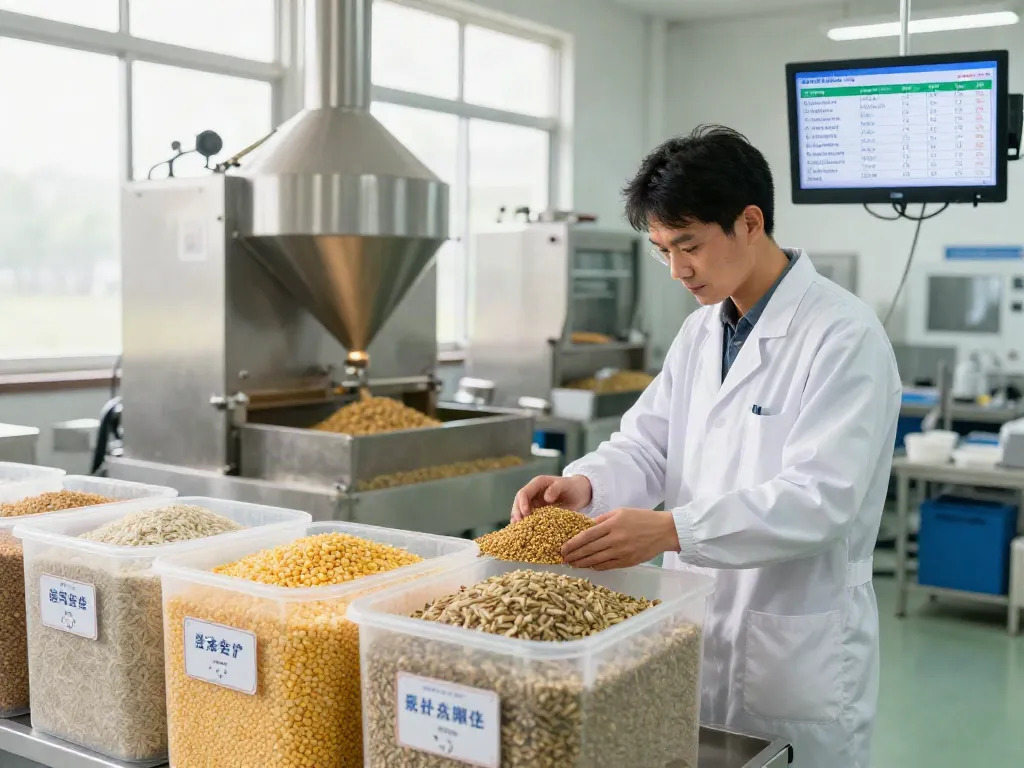 Quality control process at rokok88 animal feed production facility.