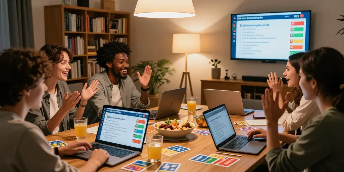 Friends enjoying Quiz Allgemeinwissen together in a cozy study setting, showcasing knowledge and fun.