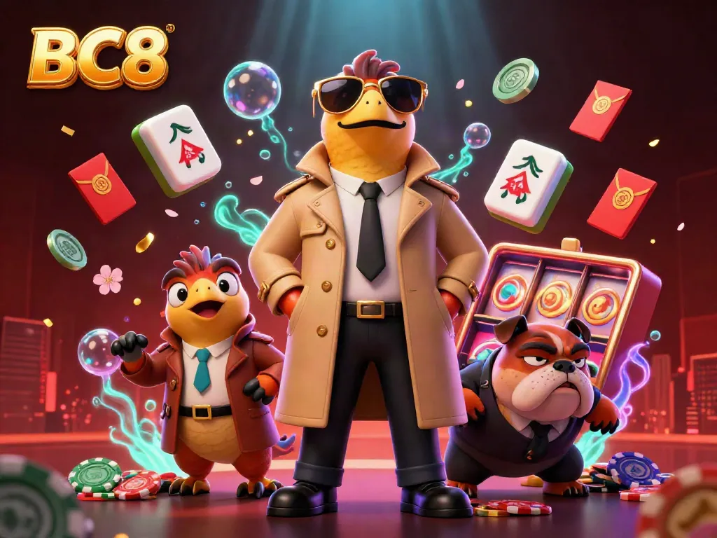 BC8 cartoon raptors in casino scene with gold elements and vibrant gaming atmosphere