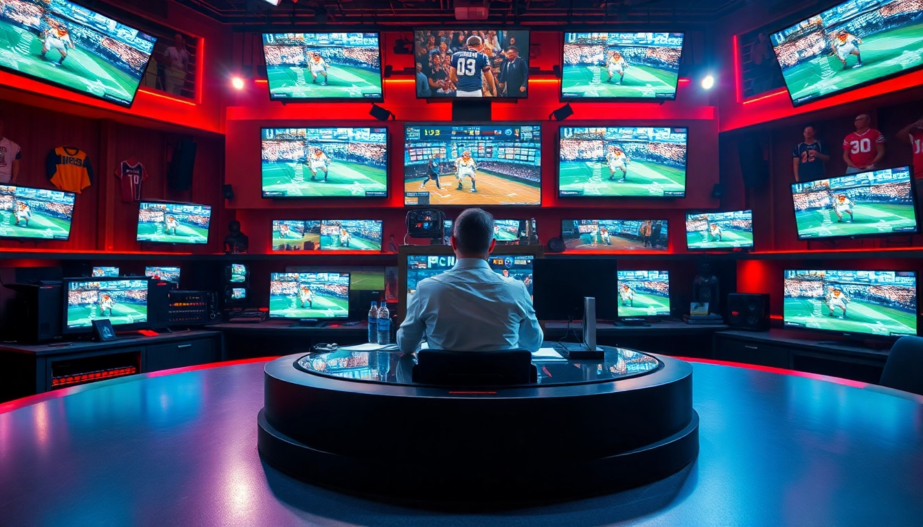 Action-packed scene of Sports Broadcasting with announcer, vibrant screens, and dynamic atmosphere.