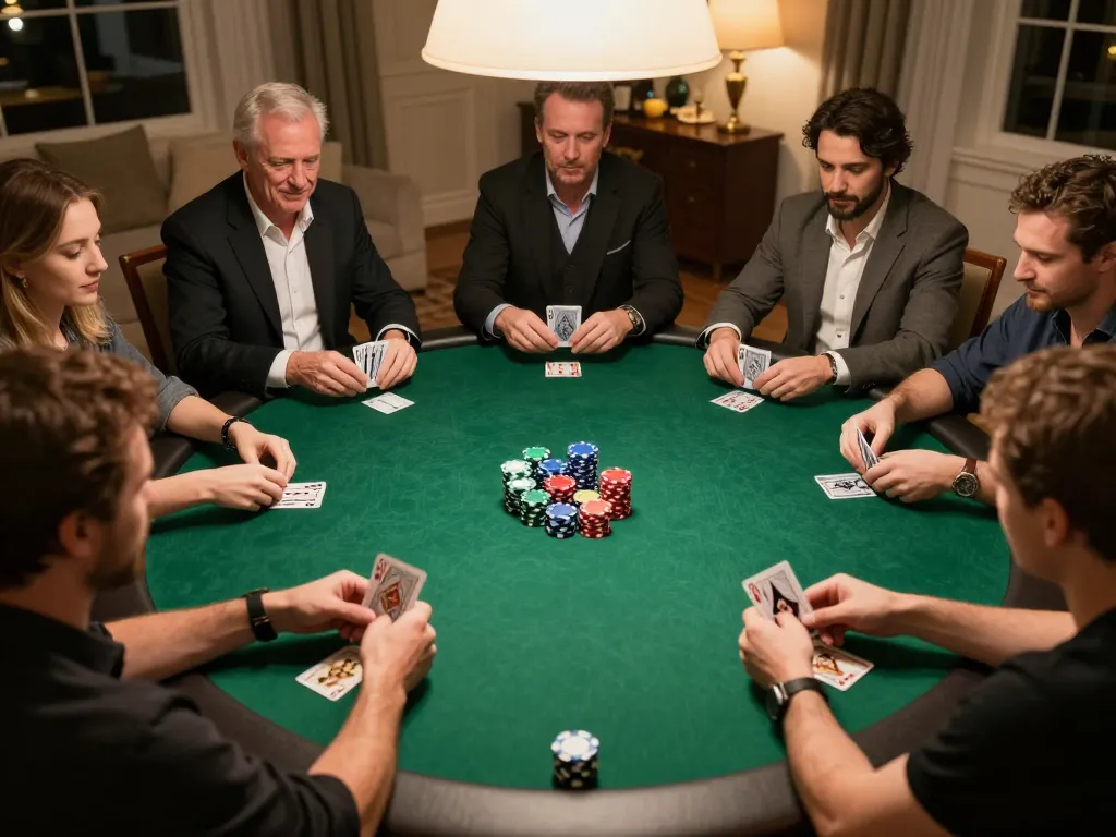 Players strategizing at home poker with vipwin.com, showcasing colorful chips and cards.