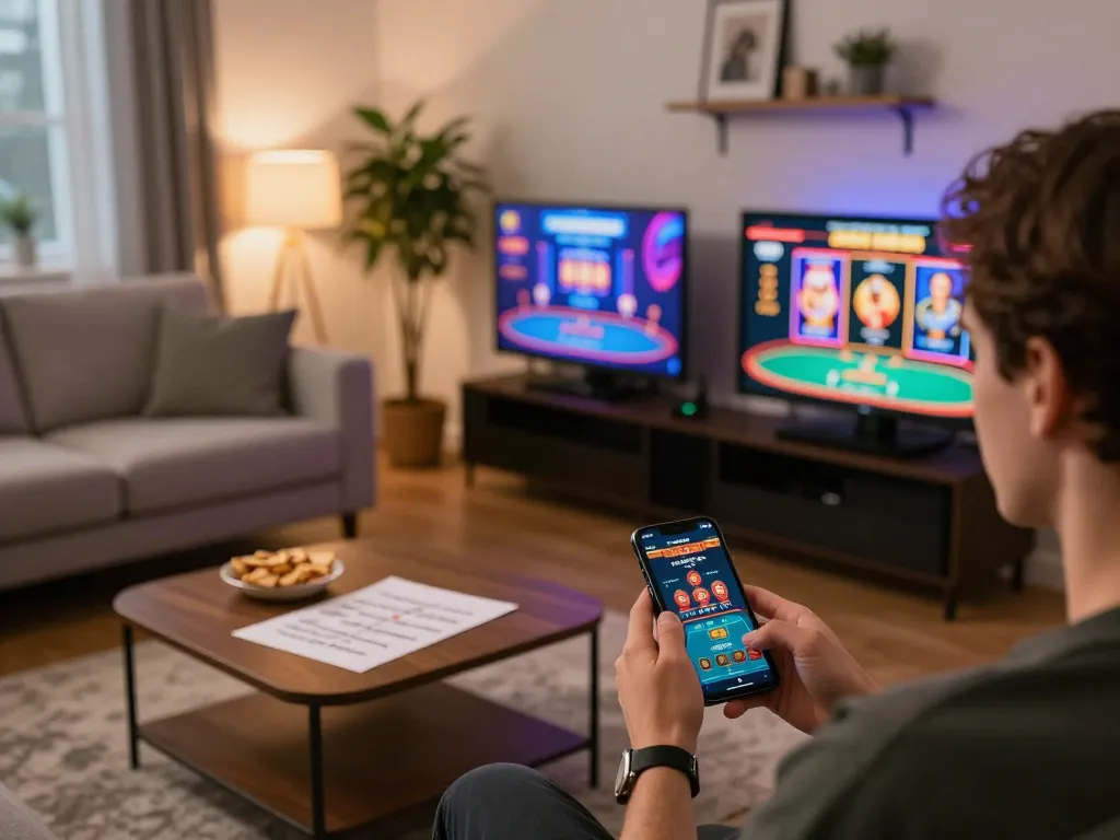 Player enjoying online RR88 casino gaming on smartphone with vibrant app interface