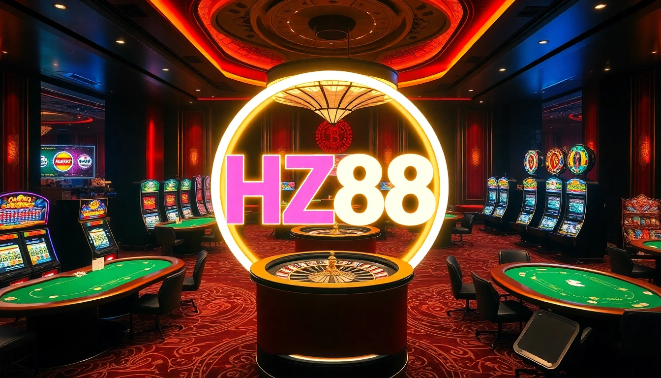 Engaging casino scene at HZ88 with vibrant slot machines and active poker tables.