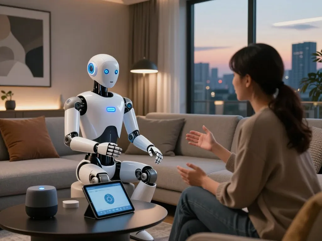 AI-driven sex bot conversing in a modern living room, highlighting technology integration and companionship.